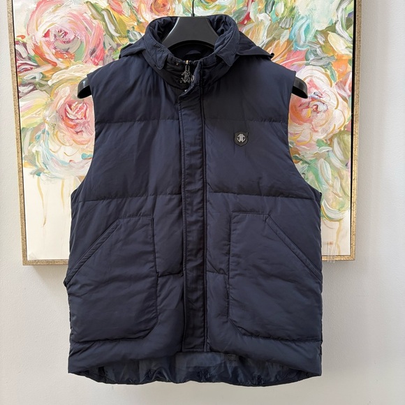 Roberto Cavalli Men’s Duck Down Puffer Vest Navy Blue Size 54 XL Hooded - Picture 1 of 14